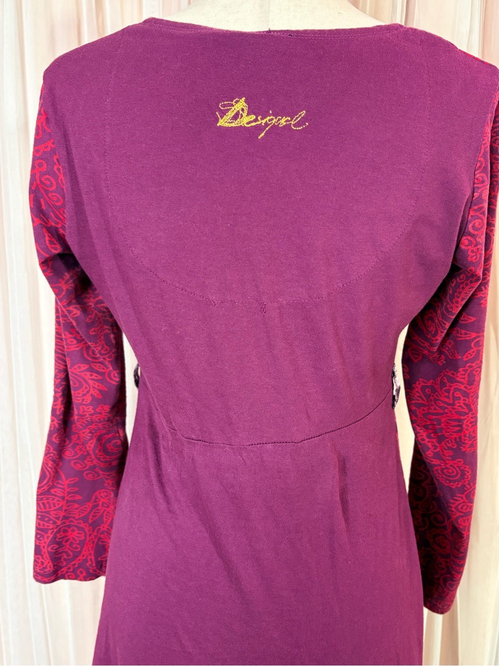 Desigual M Burgundy Patchwork Floral Rhinestone Long Sleeve Dress Y2K Boho - Picture 12 of 12